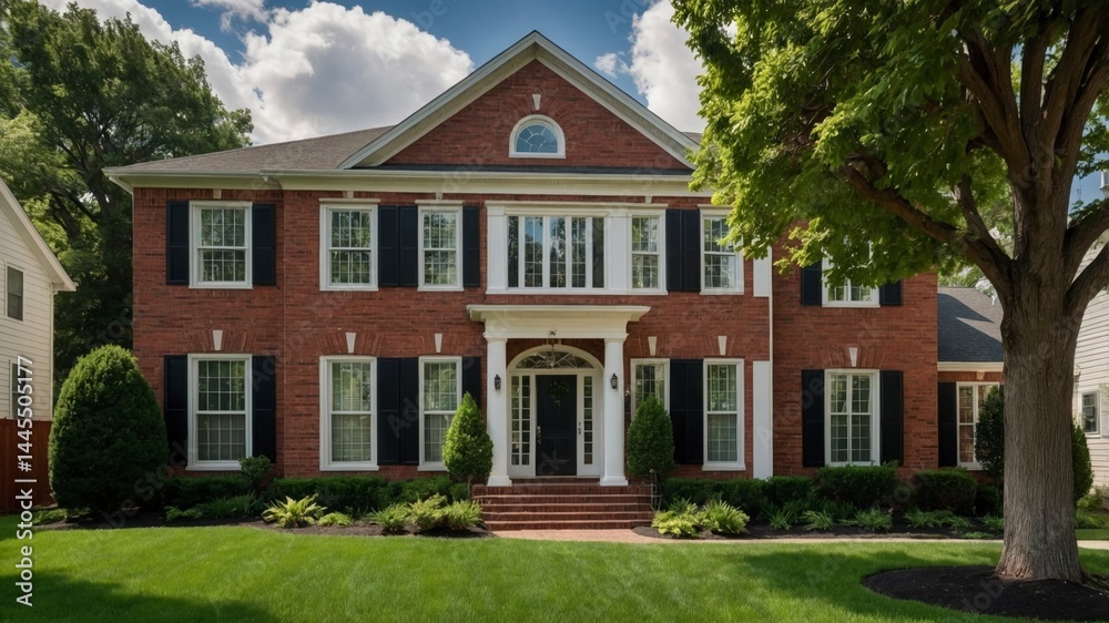 Charming two-story suburban house exterior with classic traditional architecture nestled in a picturesque neighborhood surrounded by greenery Charming two-story suburban house exterior with classic traditional architecture nestled in a picturesque neighborhood surrounded by greenery