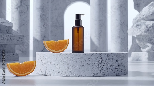 Elegant, spa-like product display with orange slices and a bottle
