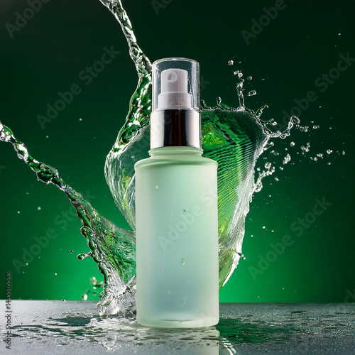 bottle of water with splash on green background 