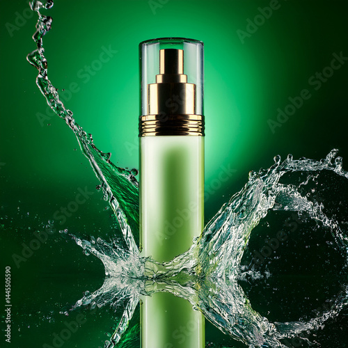 bottle of perfume on green background with water splash and fruit ingredient on glass table