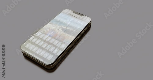 A high-quality 3D animation of a damaged modern smartphone, showing the front glass being replaced with a new one.