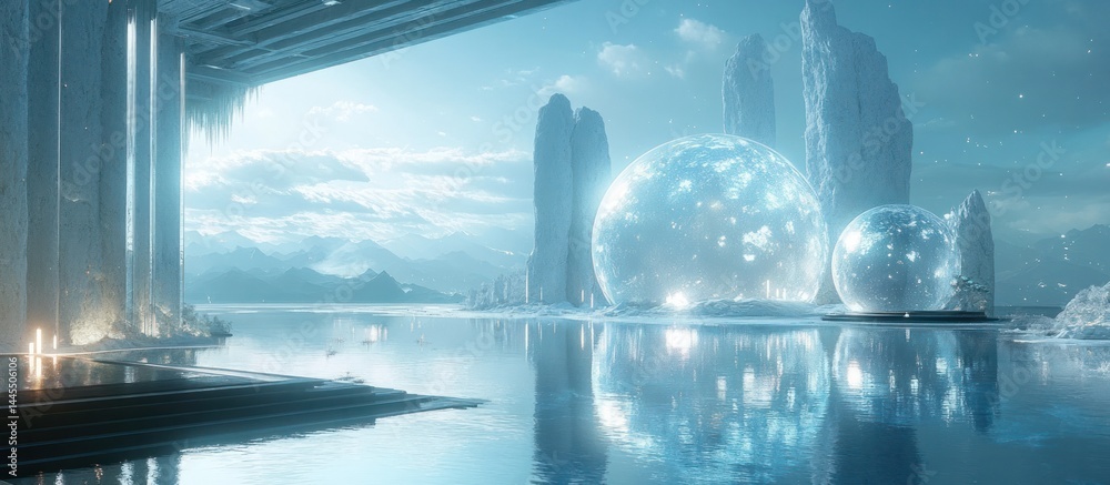 Futuristic cityscape with glowing luminous spheres and orbs reflecting in the water against a minimalist contemporary architectural backdrop This stunning digital art landscape depicts a visionary Futuristic cityscape with glowing luminous spheres and orbs reflecting in the water against a minimalist contemporary architectural backdrop This stunning digital art landscape depicts a visionary