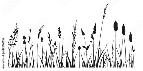 Silhouette Of Various Grasses And Wildflowers Solid Icon. Nature, Botany, And Biodiversity Representation Silhouette Symbol. Natural Growth And Ecology Theme. Isolated Vector Illustration