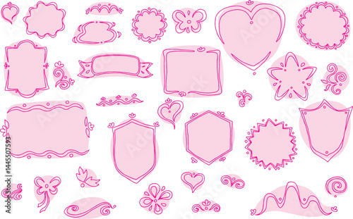 Set of curved line frames with pink fills, scribbled, hand drawn: heart shape, rectangle frames, hexagon, star shape, shields, ribbon label, flower labels