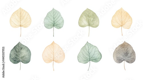 Softly illustrated aspen leaves in pastel colors adorn a clean white background. Each leaf features intricate veins and muted hues perfect for design projects or decor