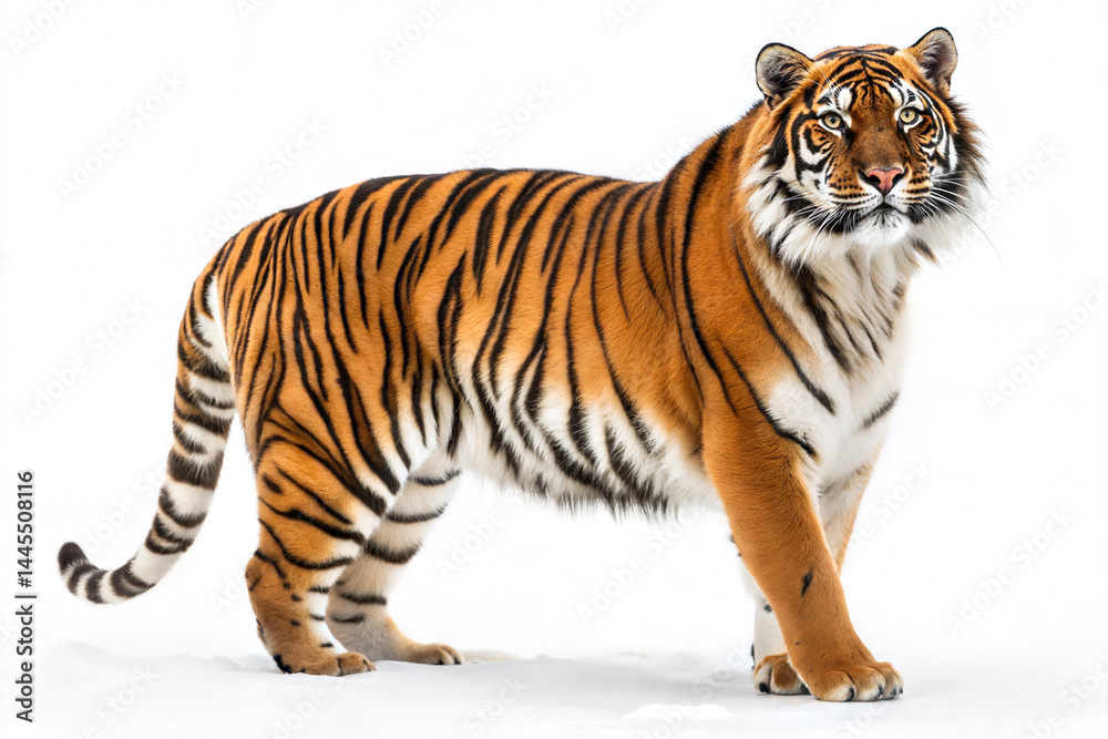 Fototapeta premium Powerful Royal Bengal Tiger Stands Proud Against a White Background
