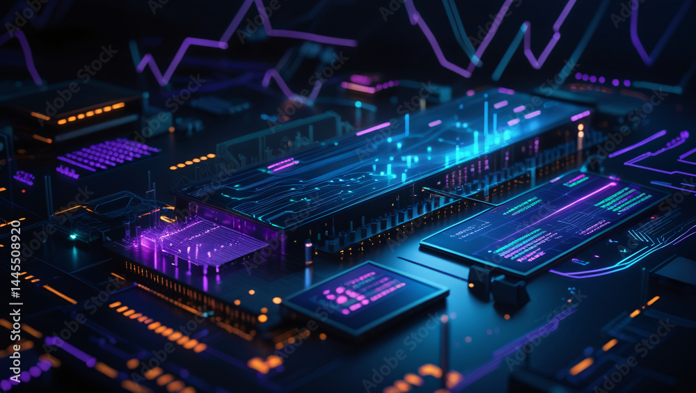 Fototapeta premium This image depicts a high tech digital circuit board or microchip setup.