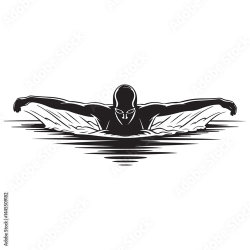 Swimmer Female Front View, Butterfly Swim Vector Black silhouettes. with white background