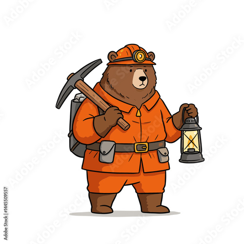 Bear in mining gear holding a lantern on a white background  
