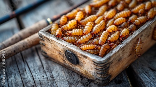 Wooden box filled with yellow maggots, fishing rod on rustic wooden surface photo