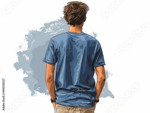 Young man in blue t-shirt and shorts. Vector illustration.