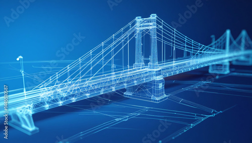 This image presents a wireframe model of a suspension bridge, rendered in a digital, blue toned style. 