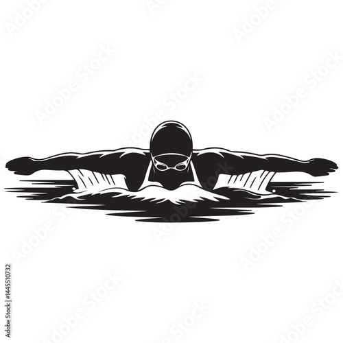 Swimmer Female Front View, Butterfly Swim Vector Black silhouettes. with white background