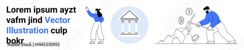 Woman gesturing, classic bank symbol, man breaking rocks for currency. Ideal for finance, investment, banking, entrepreneurship, cryptocurrency, economics simple landing page