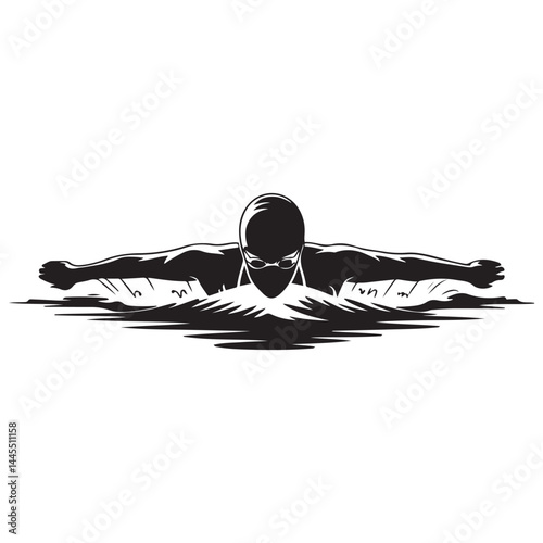 Swimmer Female Front View, Butterfly Swim Vector Black silhouettes. with white background