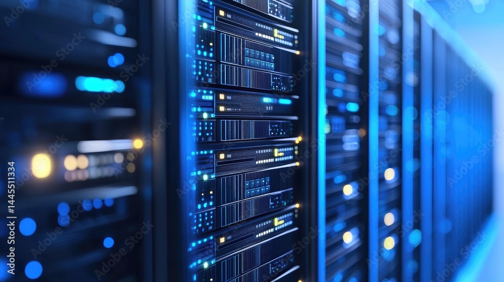 Focused view of blue-lit server panels with glowing indicators, perfect for data science, IT solutions, and network security presentations Focused view of blue-lit server panels with glowing indicators, perfect for data science, IT solutions, and network security presentations