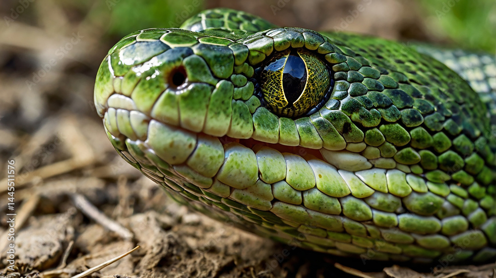 Fototapeta premium A captivating close-up of a green snake with shimmering scales caught in natural light.