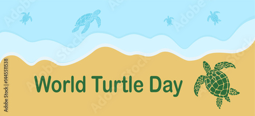 Baby turtle heading to sea after hatching, as world turtle day banner or poster.