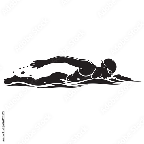 Swimmer Female Front View, Butterfly Swim Vector Black silhouettes. with white background