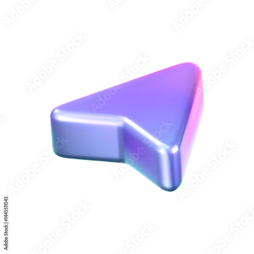 3D holographic arrow cursor icon with a neon gradient, isolated on a white background. Render of iridescent arrow for interfaces, tech navigation, mouse clicks, location search. 3d vector icon