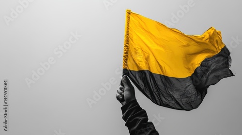 Black and yellow flag waving against gray sky