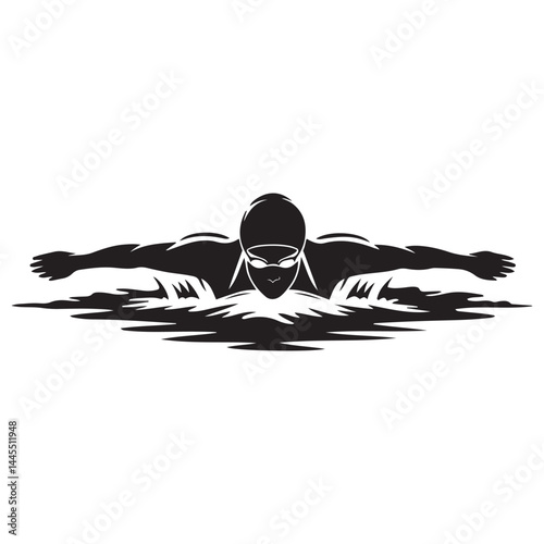 Swimmer Female Front View, Butterfly Swim Vector Black silhouettes. with white background