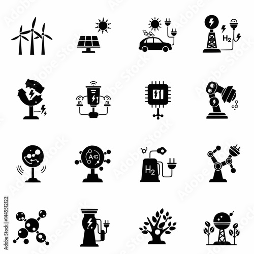 Renewable energy resources innovation technology vector design wind power solar panel electric car hydrogen energy silhouette