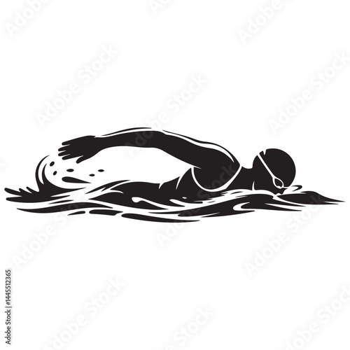 Swimmer Female Front View, Butterfly Swim Vector Black silhouettes. with white background