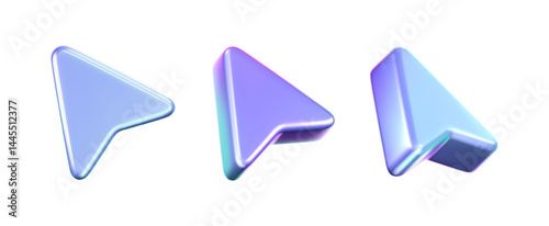 3D holographic arrow cursor icon set with a neon gradient, isolated on a white background. Render of iridescent arrow for interfaces, tech navigation, mouse clicks, location search. 3d vector icon