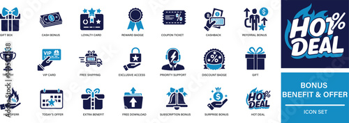 Flat vector icon set of bonus, benefits, rewards, discounts, and special offers. Perfect for marketing, eCommerce, and business use. Customizable icons.
