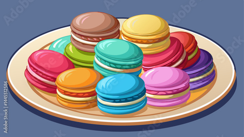 A plate full of colorful French macarons, perfectly round.
Crisp shells contrast with their soft, flavorful centers.
Visually balanced with a touch of sophistication.
Ready to use in chic bakery or de