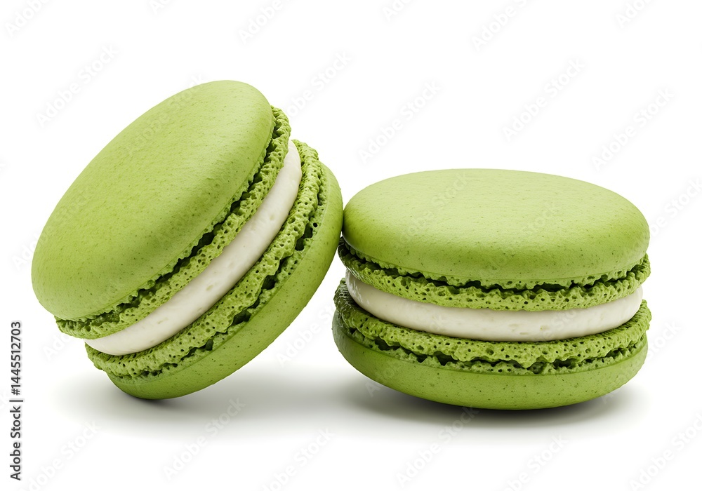 Two green macarons with white cream filling on a white background in a studio setting close up view Two green macarons with white cream filling on a white background in a studio setting close up view