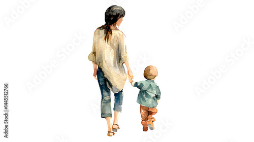 A mother and child walking hand in hand, watercolor illustration, isolated with transparent background