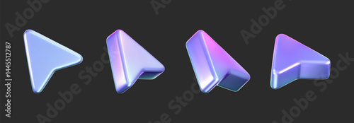 3D holographic arrow cursor icon set with a neon gradient, isolated on a dark background. Render of iridescent arrow for interfaces, tech navigation, mouse clicks, location search. 3d vector icon