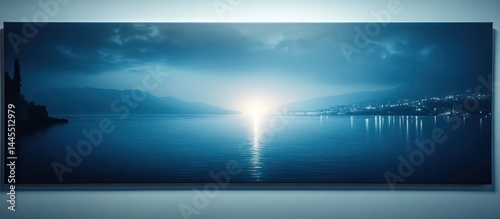 Breathtaking Lakeside Sunset Reflection   Serene Waterscape Panorama at Dusk with Dramatic Sky Glowing Horizon and Calm Rippling Water