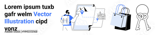 Man examining geographic pins on map, shopping bags, and keys on white background. Ideal for travel, navigation, shopping, security, tourism e-commerce technology. Flat landing page banner