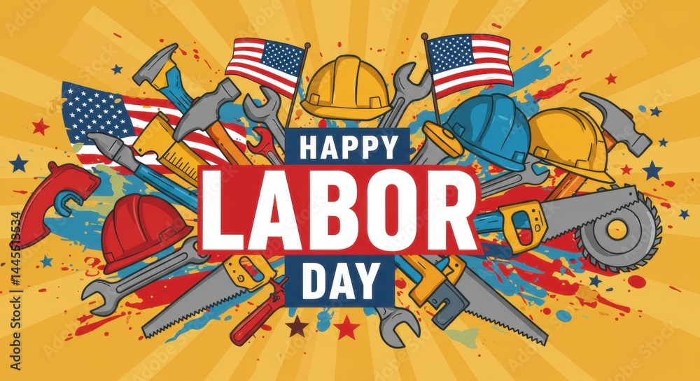 Fototapeta premium Labor Day Tools & Flags: Construction and Celebration Graphics.