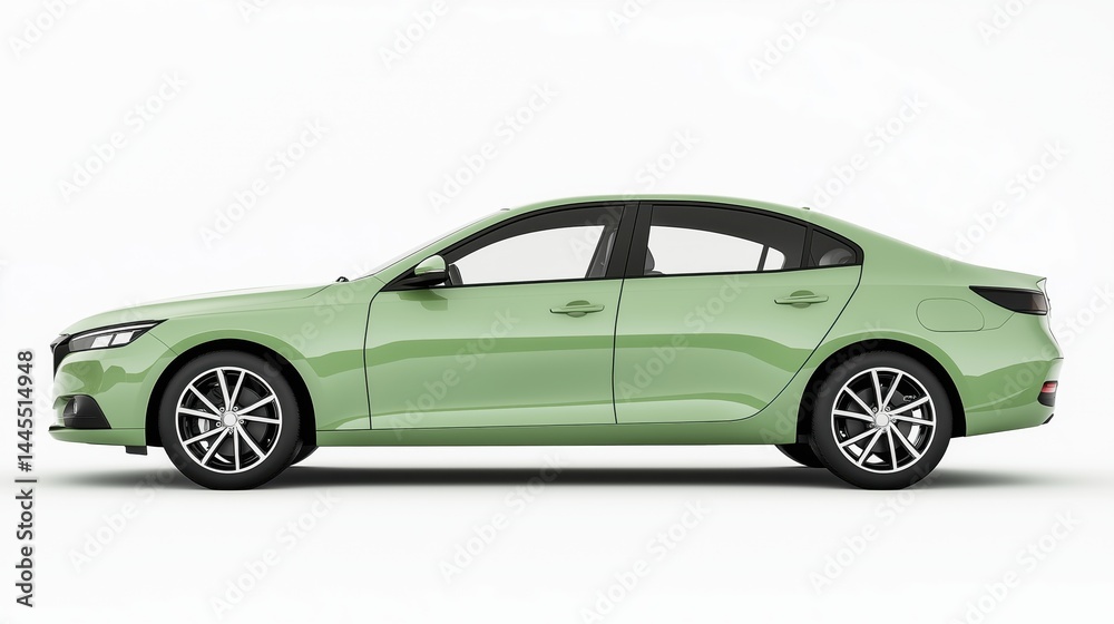 Obraz premium Mockup of a generic glossy Sage Green modern sedan, front three-quarter view, white background
