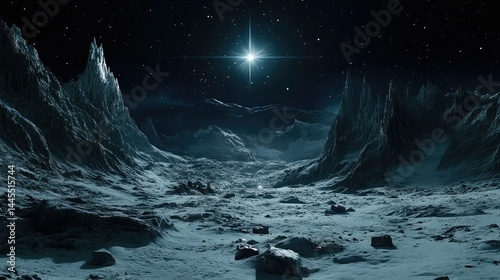 Alien landscape bathed in celestial light.  Vast, icy mountains stretch towards a brilliant star in the inky night sky