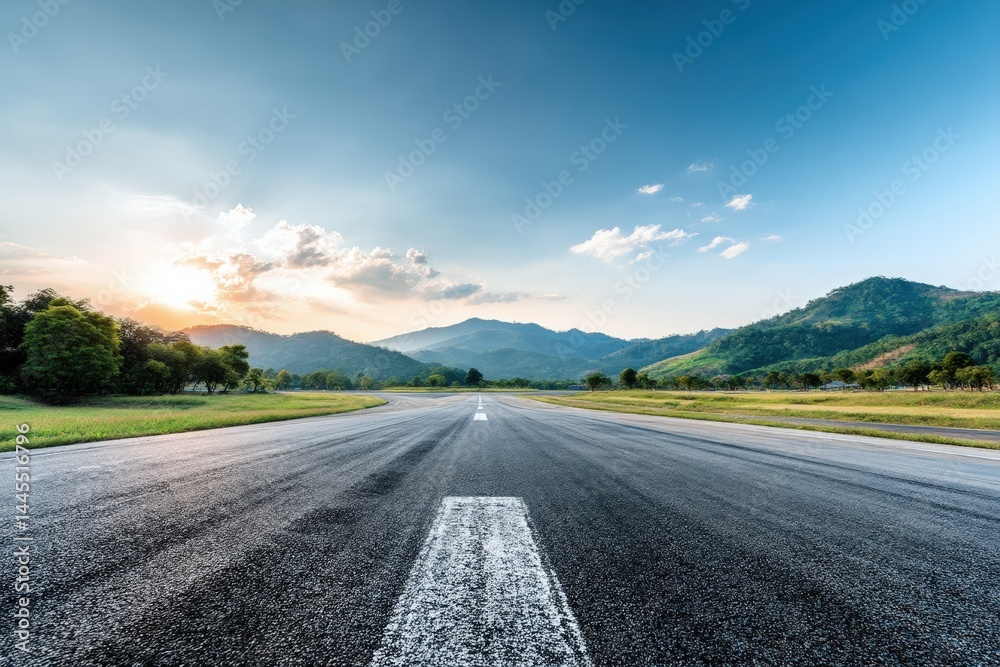 Fototapeta premium Empty road stretching into the distance with mountains, green fields, and a bright blue sky at sunrise.
