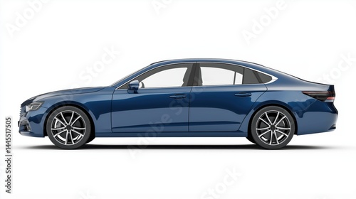Realistic mockup of a modern blue sedan car, side view, isolated on white background