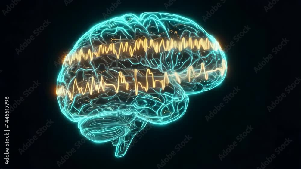 Animation visualizing brain activity with glowing EEG waves moving across a translucent brain model, illustrating neuroscience, cognitive function, neurological rhythms, mental processes and medical 