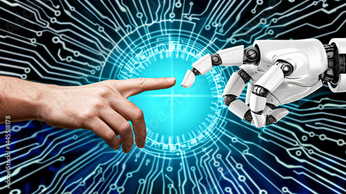 A robot hand and a human hand with a finger extended.AI robot finger and human finger making contact.