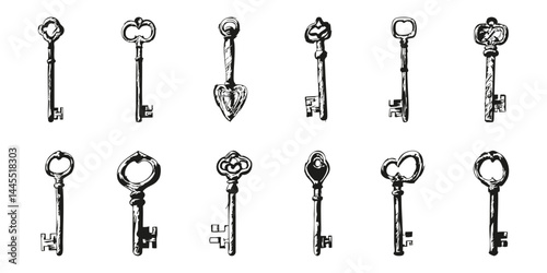 Vintage Skeleton Keys Silhouette Set. Antique Key Collection For Lock And Security Themes. Isolated Vector Illustration Collection