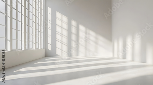 Minimalist interior design showcase modern studio space shadows and light pure white background