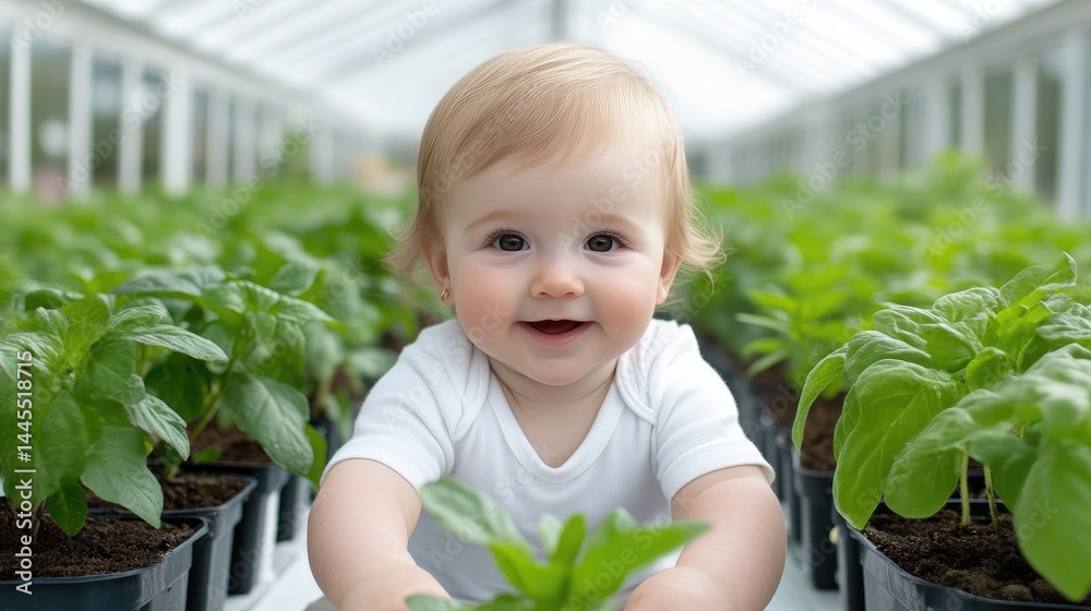 Happy baby surrounded by plants in a greenhouse Happy baby surrounded by plants in a greenhouse