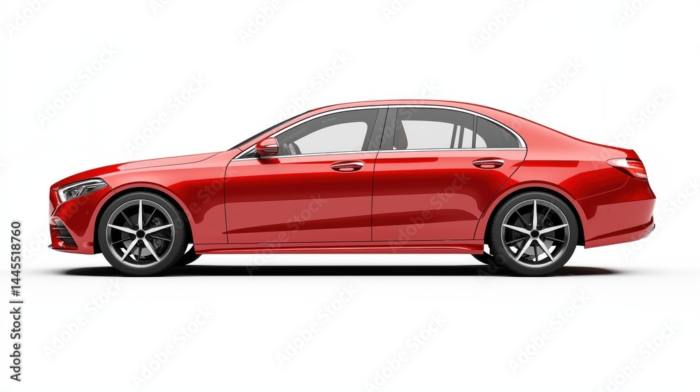 Realistic mockup of a modern red sedan car, side view, isolated on white background Realistic mockup of a modern red sedan car, side view, isolated on white background