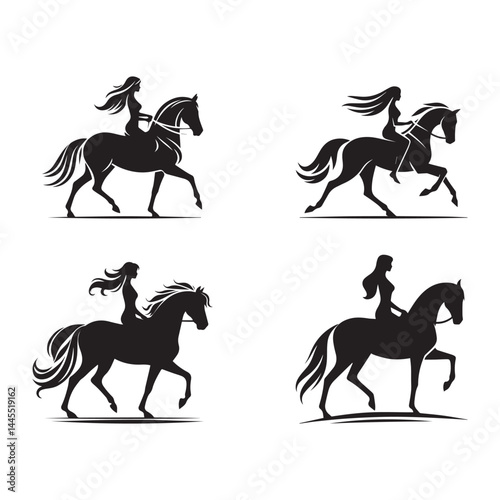 Set of woman riding a horse silhouette on white background.