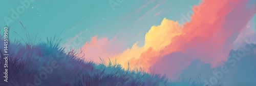 A colorful sky with a few clouds and a grassy hill
