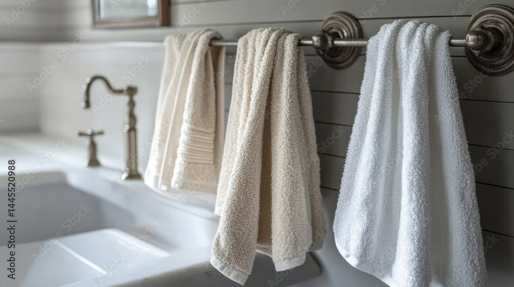 Fototapeta premium Assorted clean kitchen towels hanging neatly on a rack near a sink